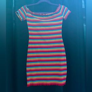 rainbow striped print lettuce trim fitted dress